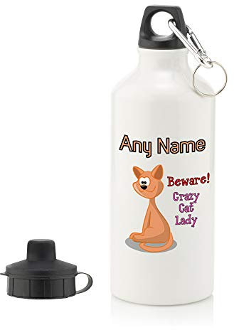 UNIGIFT Personalised Gift - Crazy Cat Lady 500ml Water Bottle (Animal Slogan Design White) Any Name Message Unique Sport Drink School Lunch Bag Zoo Silly Cute Funny Novelty Wild Kitty Kitten Pet