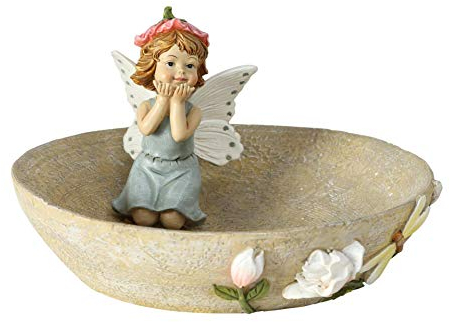 CasaJame Vogeltränke mit Elfe Fee im blauen Kleid und Blumenornament Ranke H16cm D25cm Kunstharz Wetterbeständig