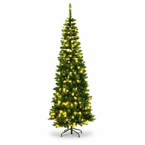 5Ft/1.5m Pre-Lit Artificial Slim Christmas Tree Green Pencil Tree, Pointed Tips, Metal Stand Warm White LEDs Lights Holiday Home Decorations