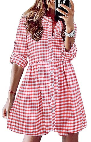 FANCYINN Robe Chemise Vichy pour Femme à Manches Longues Tops boutonnés Tunique décontractée Mini-Robe à Carreaux Rouge et Blanc M