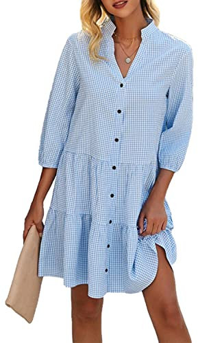 Damen Plaid Print Hemd Kleider Button Up Split Neck Tunika Kleid, Blau, X-Groß