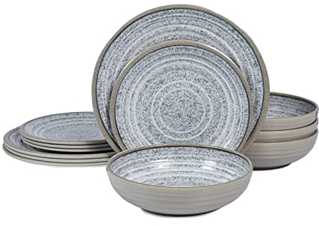 Melamin-Geschirr-Set, 12-teilig, Service für 4 Teller und Schüsseln, spülmaschinenfest, BPA-frei, für den täglichen Gebrauch, Granitmuster, Grau