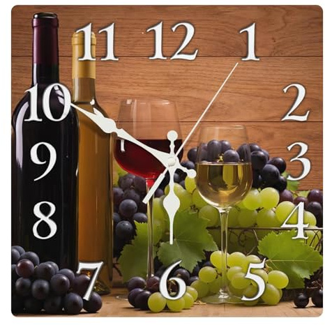 Britimes Square Wall Clock Silent Non-Ticking Battery Operated Clock 12 Inch, Glasses Red White Wine Grapes Home Decor for Living Room, Kitchen, Bedroom, and Office