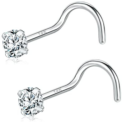 PunkTracker Piercing de nez hypoallergénique en or véritable 14 carats avec oxyde de zirconium imitation diamant 20 g, Or blanc