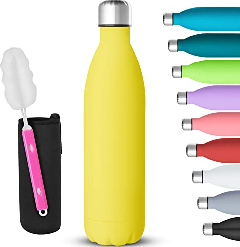 GeeRic Bouteille d'eau en Acier Inoxydable, Bouteille d'eau en Métal à Double Paroi Isolée sous Vide 12 Heures Chaudes et 24 Heures Boissons Froides Bouteilles 750 ML/17 Oz Matte JAUNE CITRON