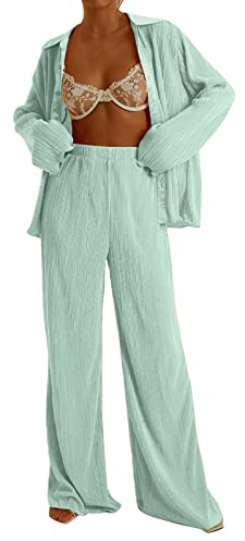 QIUhhpuy Plissee Damen Set, Zweiteiler Damen, Set Elegant Hosenanzug Langarm Revers Bluse + Weites Bein Hose Sommer Herbst Outfit Casual Loungewear Streetwear