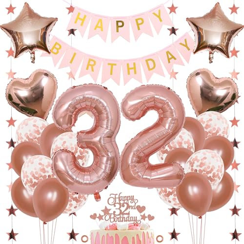 Jxuzh 32. Geburtstag Dekoration Mädchen Deko 32. Geburtstag Mädchen Luftballon 32. Geburtstag Rosegold Geburtstagsdeko 32 Rosegold Happy Birthday 32 Geburtstag Deko 32 Jahr Geburtstag Mädchen 33pcs