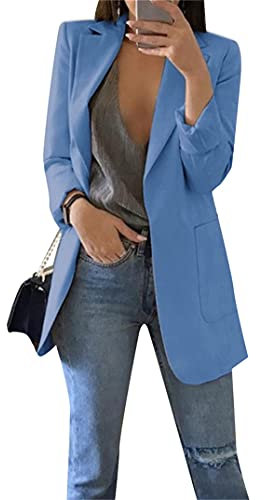 EFOFEI Damen Arbeitsanzug Mit Offenem Revers Einfarbig Slim Fit Jacke Einfache Unifarbene Schicht Sommer Herbst Freizeit Coat Blau M