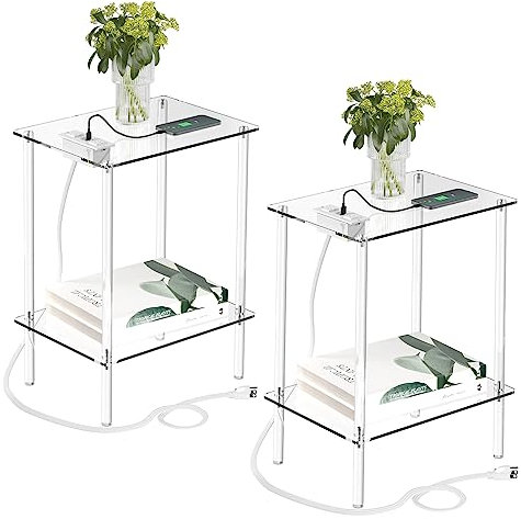 Eglaf Beistelltisch aus Acryl, 2er-Set, mit Ladestation und USB-Anschlüssen, kleiner Beistelltisch, Nachttisch für Wohnzimmer, Schlafzimmer, 40 cm L x 30 cm B x 55 cm H, 2 Etagen