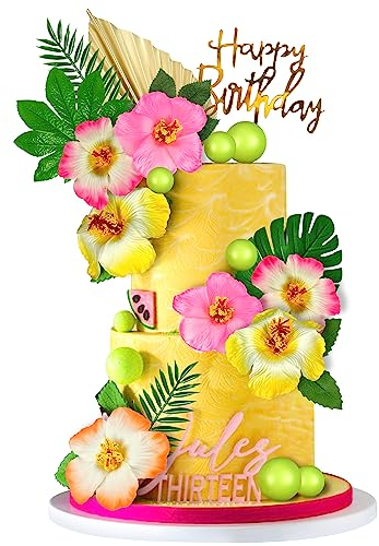 25 PCS Flower Cake Topper Hawaiian Cake Decorations with Palm Leaves Hibiscus Flowers Balls for Hawaii Aloha Jungle Summer Theme Wedding Birthday Baby Shower (Multicolour)