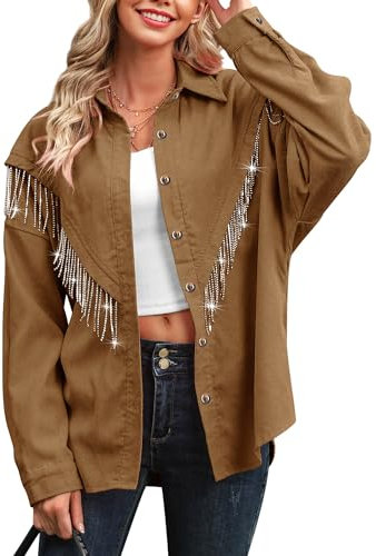 WIEIYM Damen Glitzer Jacke Rhinestones Fransen Knöpfen Jeansjacke Konzert Outfits Langarm Quasten Tshirt Pailletten College Party Jacken,Gelbbraun,L