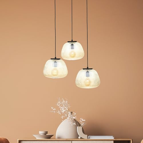 Lightbox Retro Hängelampe - 176 cm Höhe, Ø 40 cm - kürzbare Pendelleuchte mit bernsteinfarbenen Riffelglas - 3 x E27, max. 40 W - aus Metall/geriffeltem Glas - in Amber-Bernstein/Matt Schwarz
