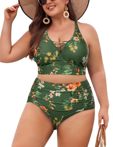 Hanna Nikole Women's Large Size High Waist Bikini Sets Adjustable Two Piece Green Base and Red Flower 22
