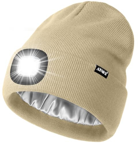 ATNKE LED Beleuchtete Mütze mit Licht,Wiederaufladbare USB 4 LED Beleuchtete Laufmütze Extrem Heller Lampe Winter Warme Satin Seide Gefüttertes Geschenke für Herren und Damen/Beige