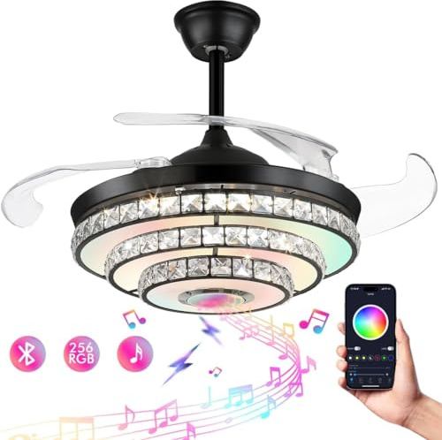 Luz de ventilador de techo retráctil de 42 pulgadas, reproductor de música Bluetooth LED cambiable de 3 colores Ventilador de techo con lámpara de motor silencioso de 3 velocidades for sala de estar/c