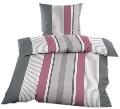 Casa Colori Renforce Bettwäsche 135x200 cm Bettgarnitur 2 TLG. in Grau Anthrazit Beere gestreift
