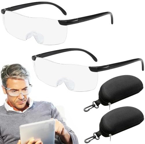 2 Stück Lupenbrille für Brillenträger, Lupenbrille mit Brillenetui, 300% Vergrößerungsbrille, Tragbare Leselupe für Senioren, Hände frei Kopf Vergrößerungsglas für Enge Arbeit, Lesen
