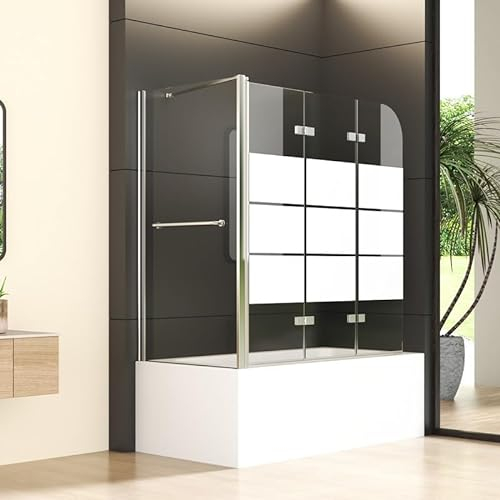 Duschwand für Badewanne mit Seitenwand 75x120x140cm 3-teilig Faltbar, Gestreift Glas Duschabtrennung Badewannenaufsatz Duschtrennwand aus 6mm Sicherheitsglas, Seitenwand mit Handtuchhalter