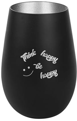 Der-Porzellan-Laden Windlicht mit Gravur Think Happy be Happy, Schwarz Silber, Teelichthalter aus Glas mit Spruch, Tischdeko modern