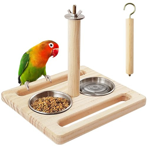 Vogelsitzstange mit Edelstahl-Futternapf, Papageienholz-Sitzstange, Spielzeug, Vogelkäfig-Zubehör, Sittichzubehör für Sittiche, Nymphensittiche, Sittiche, Sittiche, Sittiche, kleine Papageien (kleine