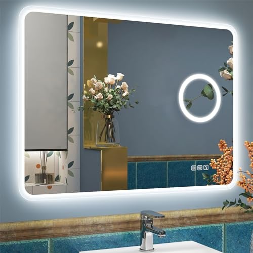 STARLEAD LED-Badspiegel-mit-Bluetooth und 5X Lupe, 60x80cm Spiegel-Bad-mit-Beleuchtung, Entfoggen, Dimmbar, 3 Farbtemperaturen, Speicherfunktion, IP44, Hartglas
