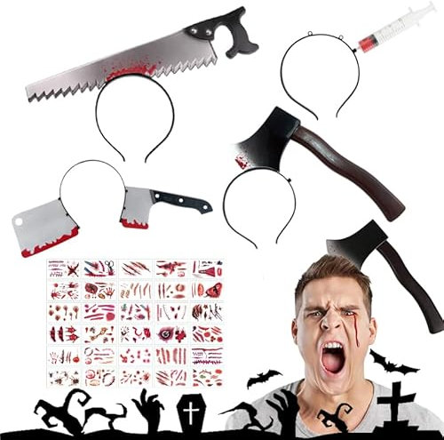 Halloween Dekoration Accessoire 4 Set, 30 Blatt Narben-Tattoo-Aufkleber, Halloween Horror Haarbänder, Stirnbänder Cleaver, Axt Stirnbänder, Geeignet für Streichhalloween Karnevalskostüm Accessoires