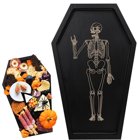 PEUTIER Coffin Tray Skeleton, Spooky Goth Candle Bowl Wood Serving Platter Halloween Creepy Decor Tray for Placing Dessert Cheese Party Favor (Pattern 2)