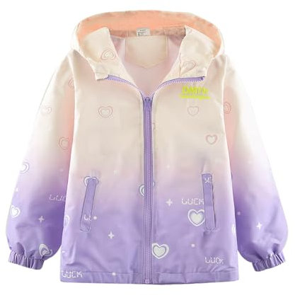 ACMEDE 3-12ans Manteaux Fille à Capuch, Veste de transition légère Softshell Coupe Vent Veste En Mode Mignon Rose Imprimé Doublure en maille Respirant Blousons Enfant Sport Vêtement violet