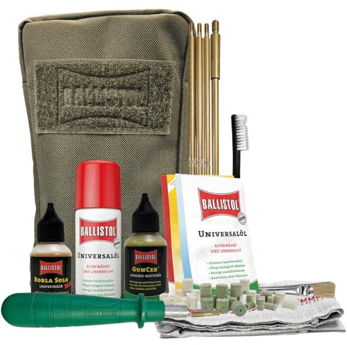 BALLISTOL 23940 Waffenreinigungs-Tasche 52-teilig, inkl. Universalöl, GunCer, Laufreiniger, Putzstock, Filzadapter, Tuch