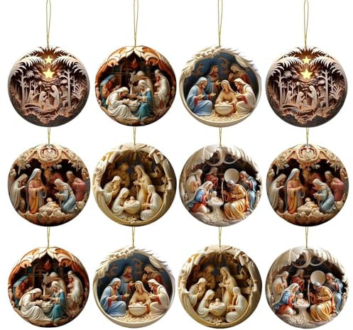 Generisch 12 Stück Weihnachtskrippe Komplettset, Hängende Deko Weihnachten, Krippenfiguren, Weihnachten Krippe Weihnachten, Christliche Baumschmuck Die Geburt Jesu Dekorationen, Religiöses Geschenk