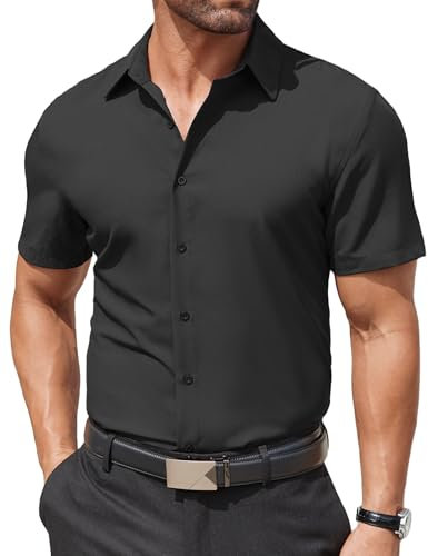 COOFANDY Mens Short Sleeved Shirts Dress Shirts for Men Adult Business Casual Smart Shirt Regular Fit Button Down Shirt Black L