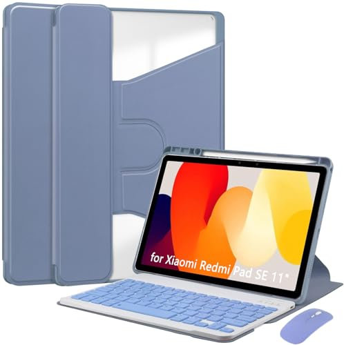 HEKUEUN Funda con Teclado para Xiaomi Redmi Pad SE 11 Pulgadas 2023, Teclado Español Ñ Bluetooth Inalámbrico Desmontable, Estuche Ultrafino Giratorio 360° con Portalápices Y Ratón,Púrpura
