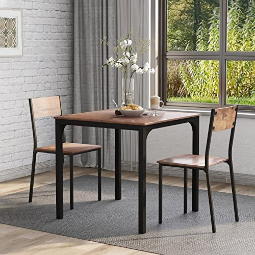 Retro Esstisch Set mit 2 Stühlen Massivholz Stahlrahmen Kompakte Küche Essgruppe Platzsparend Tisch und Stühle für Küche Wohnzimmer Esszimmer Braun