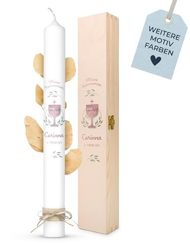 AMARI ® Kommunionkerze personalisiert Kelch 2025 (002.08.11) H:40cm - Leitwort Kommunion 2025 Kommt her und esst - Kerze Kommunion - Kommunionkerze Junge/Mädchen - Kommunionkerze personalisiert