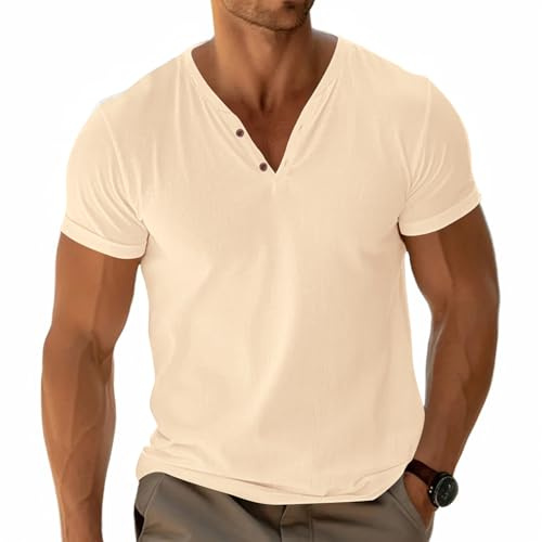 Hommes Henley T-Shirt Basic Tees Manches Courtes Hauts Décontracté Chemise Coton Bouton Col en V Léger