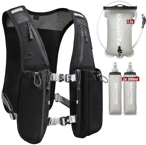 Gilet d'hydratation de Course pour Homme et Femme - Réfléchissant - 8 Poches - Séchage Rapide - Imperméable - Respirant - Noir - avec Poche de 1,5 l + 2 Sacs à Dos réglables - pour Course à Pied,