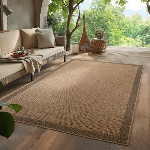 HomebyHome Outdoor Teppich 280x370 cm XXL Wetterfest Pflegeleicht Jute Natur Optik Bordüre Design für Wohnzimmer Esszimmer Schlafzimmer Terrasse Balkon