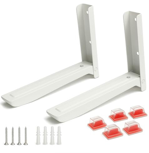 Universal Microwave Oven Wall Mount Shelf with Anti-Slide Rubber Pads & Cable Wall Clips - Adjustable Bracket Kit for Microwave Kitchen Oven - White