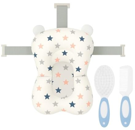 BATHBY | Cojín para Bañera de Bebé – Asiento Ergonómico Ajustable y Portátil con Malla Antideslizante, Almohada Reductora, Hamaca de Ducha con Diseño de Estrellas (Cepillo y peine)