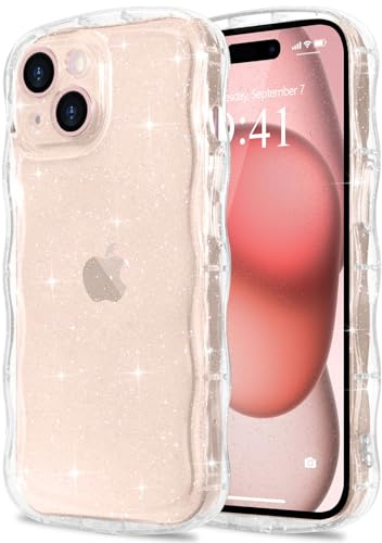 Pepmune Clear Bling Case for iPhone 15 Plus with Wave Edge-Clear | Soft TPU Curly Wavy Frame & Hard PC Back,Sparkle Glitter,Slim Shockproof Transparent Phone Case for Women Girls
