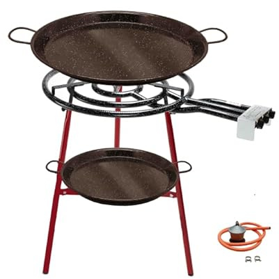 FERRETERIA LEPANTO Kit Paellero, Kit Paellero, Quemador a Gas butano, paellera acero pulido, regulador de Gas + 1,5 metros de Manguera, soporte de 3 Patas reforzadas (Esmaltado, 60 CM)