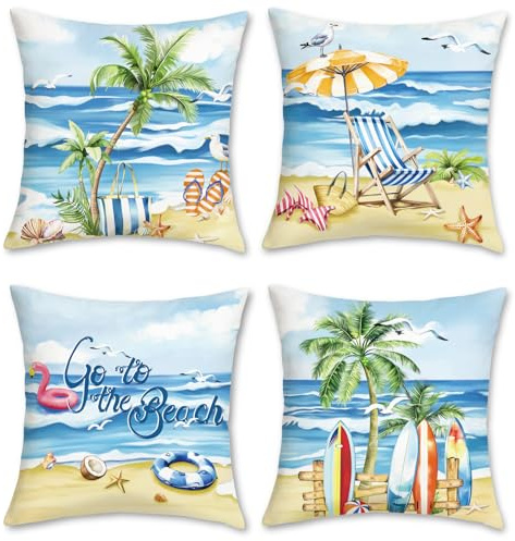 COZZSNUGE Coastal Beach Cushion Covers Summer Seaside Palm Tree Shell Ocean Velvety Decorative Pillowcases for Sofa Bed Home Patio 45 x 45 cm Set of 4