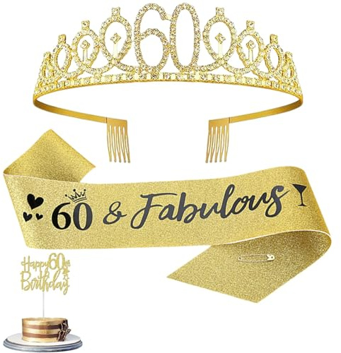 60 Geburtstag Deko,Deko 60 Geburtstag Frau, 60. Geburtstag Krone Und Schärpe Set Mit Kuchenaufsatz, Goldene Geburtstagsdekoration Für Frauen, Partyzubehör (Gold)