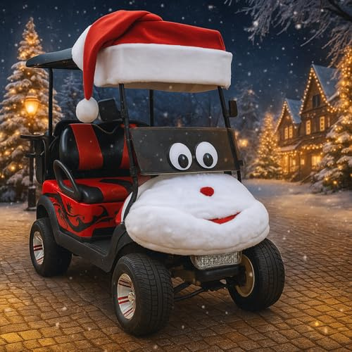 Timtin 6 Set 8 Stück Weihnachts-Golfwagen-Dekorationsset, Weihnachts-Golfwagen-Zubehör, große Weihnachtsmannmütze, Autoabdeckung, extra große bewegliche Augen, Schnee, Baumwolle, rote Bälle mit