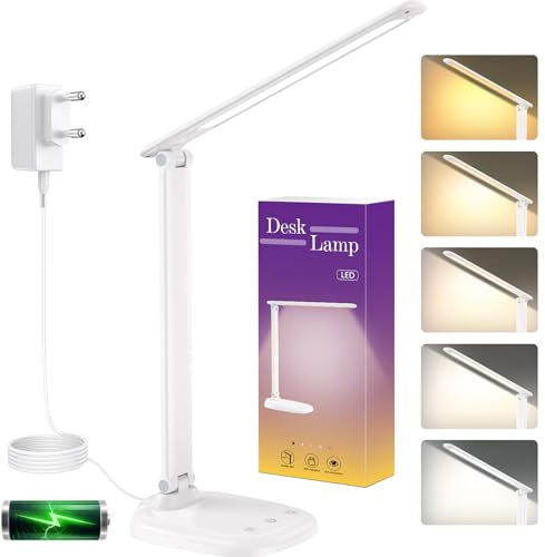 KQPZ Schreibtischlampe, 4000mAh LED Tischlampe Akku mit USB-Aufladung, Augenschutz Nachttischlampe mit 5 Farben & Stufenloses Dimmen, Timer, Touch Steuerung, für Kinder, Schlafzimmer, Lektüre, Büros