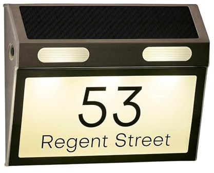 House Signs Direct Solar Light House Number Plaque, 19cm x 15cm | Aluminium and acrylic address marker with integrated solar-powered LED and wall fixings, ideal for outdoor and driveway use.