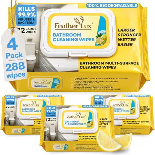 Feather Lux Biodegradable Antibacterial Bathroom Cleaning Wipes, 04 Pack | Multi-Surface Wipes Kill 99.99% Bacteria, Large Gentle on Skin for Household Toilet Protection,Lemon Scent–Disinfectant