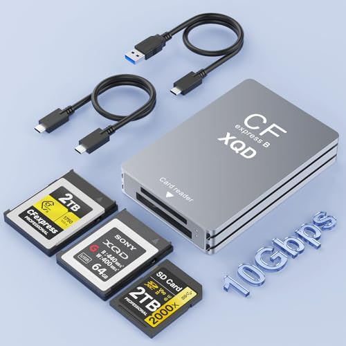 3 in 1 CFexpress Type B & XQD & SD Card Reader 10Gbps USB3.1 Gen2, Aluminum Typ B CFexpress Adapter Camera External Memory Card Reader Support Windows/Mac OS/Linux/Android with USB-A/USB-C Cable