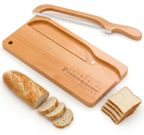 NAUQUOHZ Upgraded Bread Knife and Board Set, Adjustable Thickness Bread Slicer for Homemade & Sourdough with Scale Line Serrated Stainless Steel Blade, Magnetic Storage Perfect for Artisan Bakers