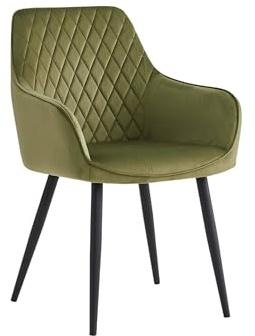 Colenis Beverly Lot de 4 Chaises de Salle à Manger en Velours Vert Olive avec Dossier et Accoudoirs, Rembourrées, Pieds en Métal Noir